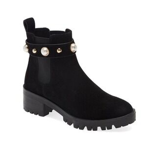 KARL LAGERFELD PARIS Womens Black Pearl 2 Inch Platform Pola Suede Booties 9.5M